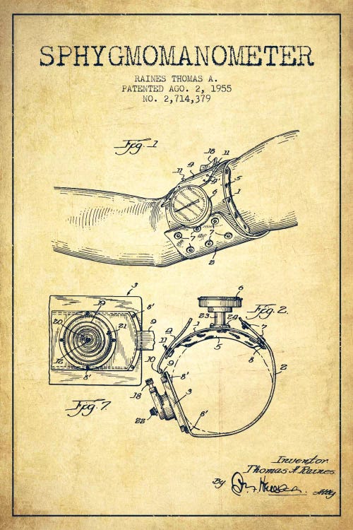 Sphygmomanometer Vintage Patent Blueprint by Aged Pixel wall art