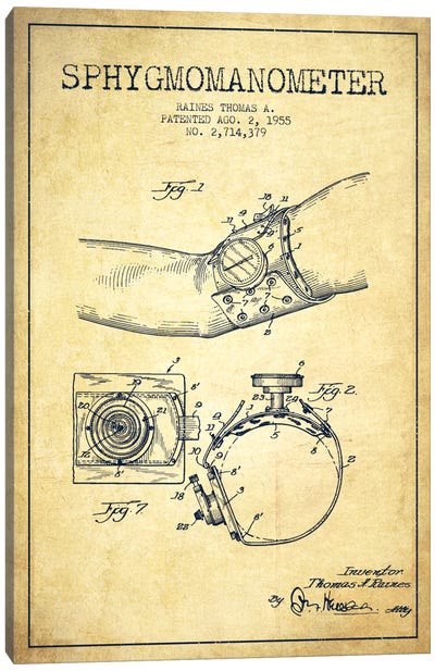 Sphygmomanometer Vintage Patent Blueprint Canvas Art Print - Medical & Dental Blueprints