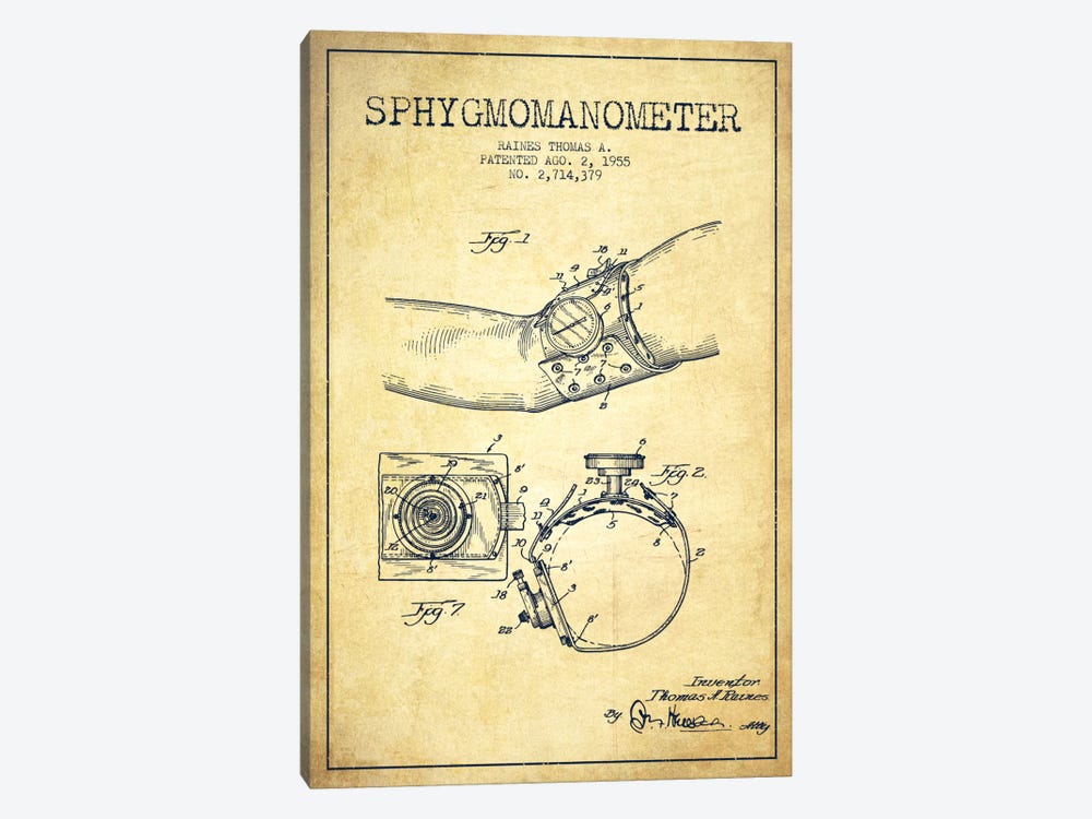 Sphygmomanometer Vintage Patent Blueprint by Aged Pixel 1-piece Canvas Print