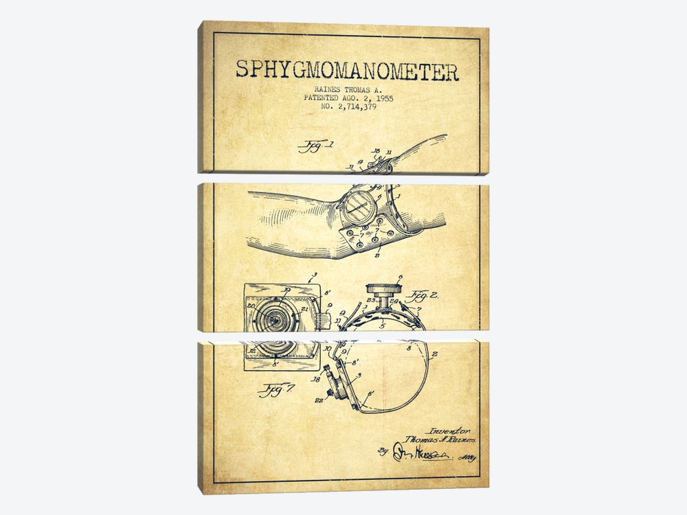 Sphygmomanometer Vintage Patent Blueprint by Aged Pixel 3-piece Canvas Art Print