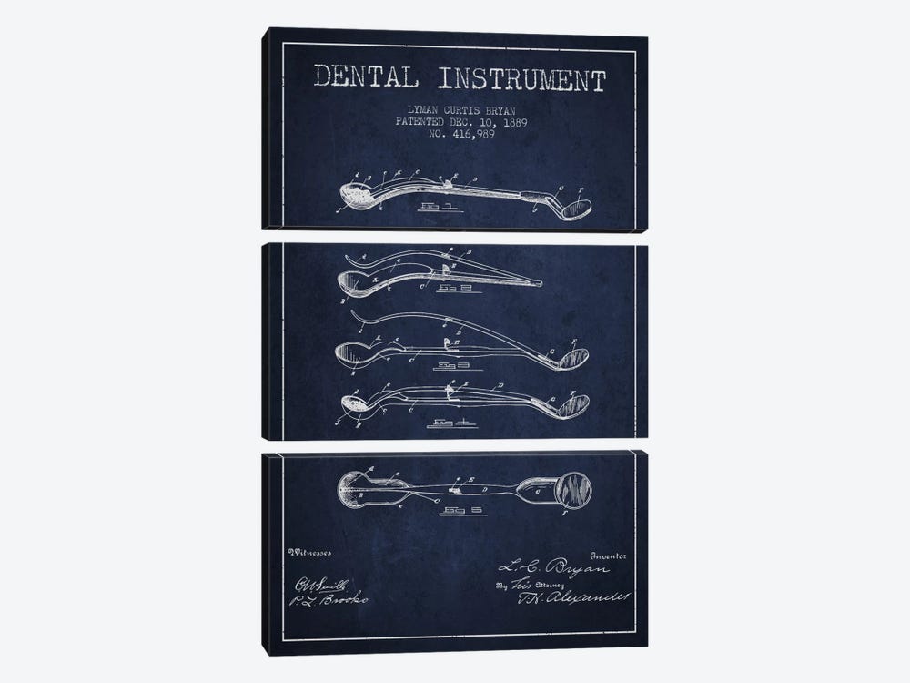 Dental Instrument Navy Blue Patent Blueprint by Aged Pixel 3-piece Canvas Wall Art