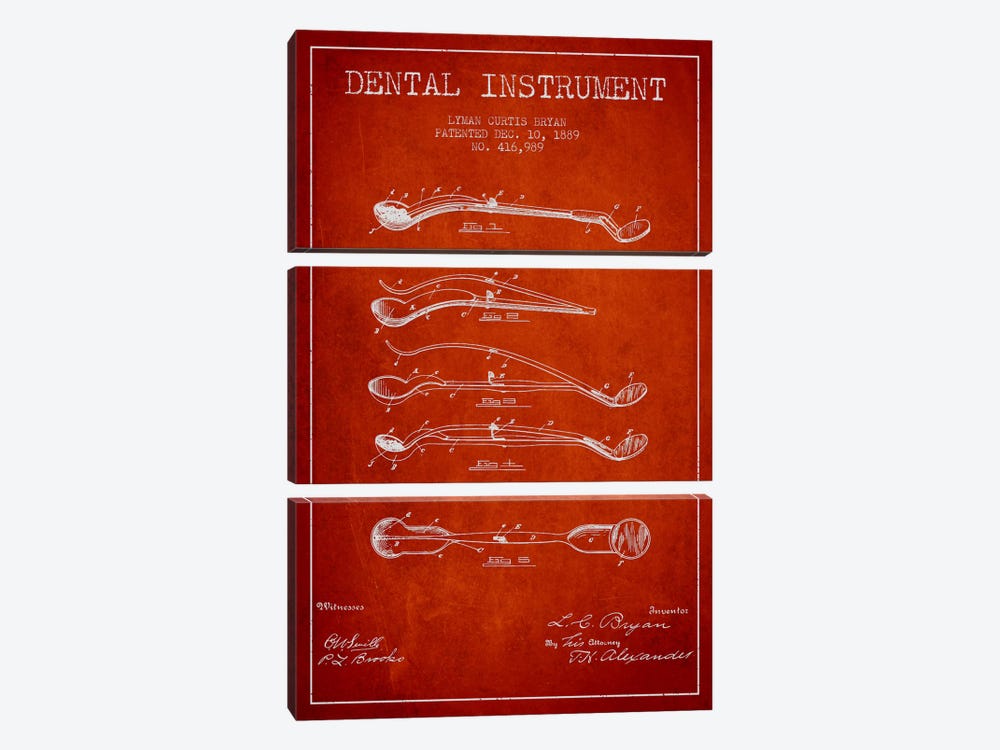 Dental Instrument Red Patent Blueprint by Aged Pixel 3-piece Canvas Art Print