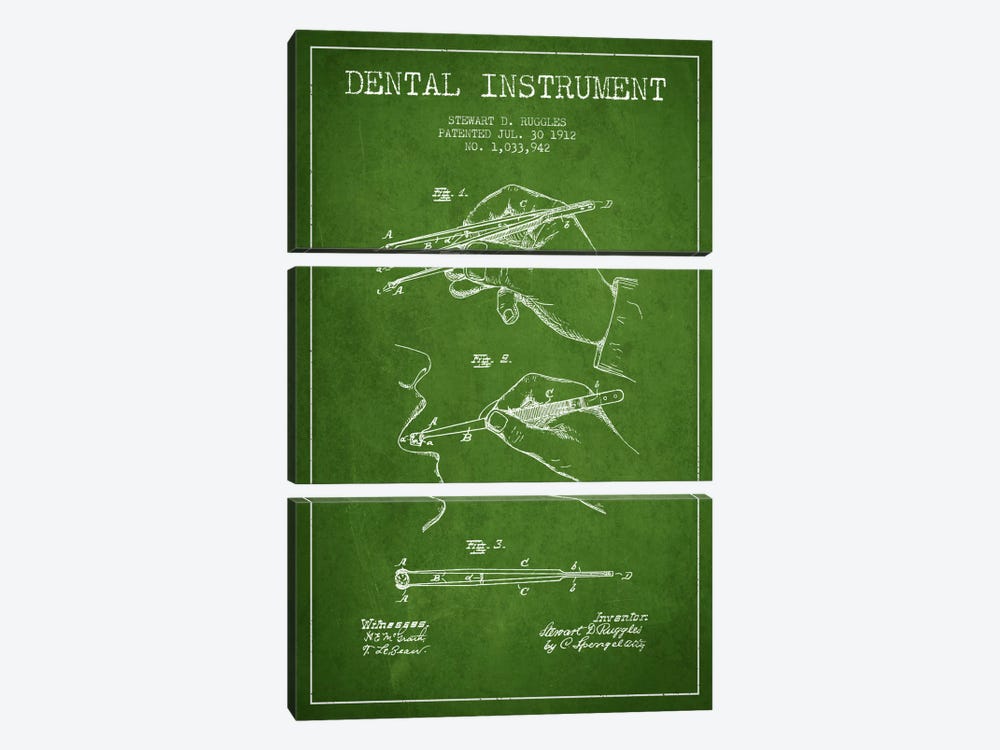 Dental Instrument Green Patent Blueprint by Aged Pixel 3-piece Canvas Art Print