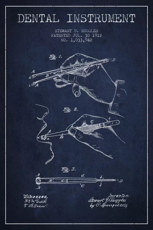 Dental Instrument Navy Blue Patent Blueprint by Aged Pixel wall art