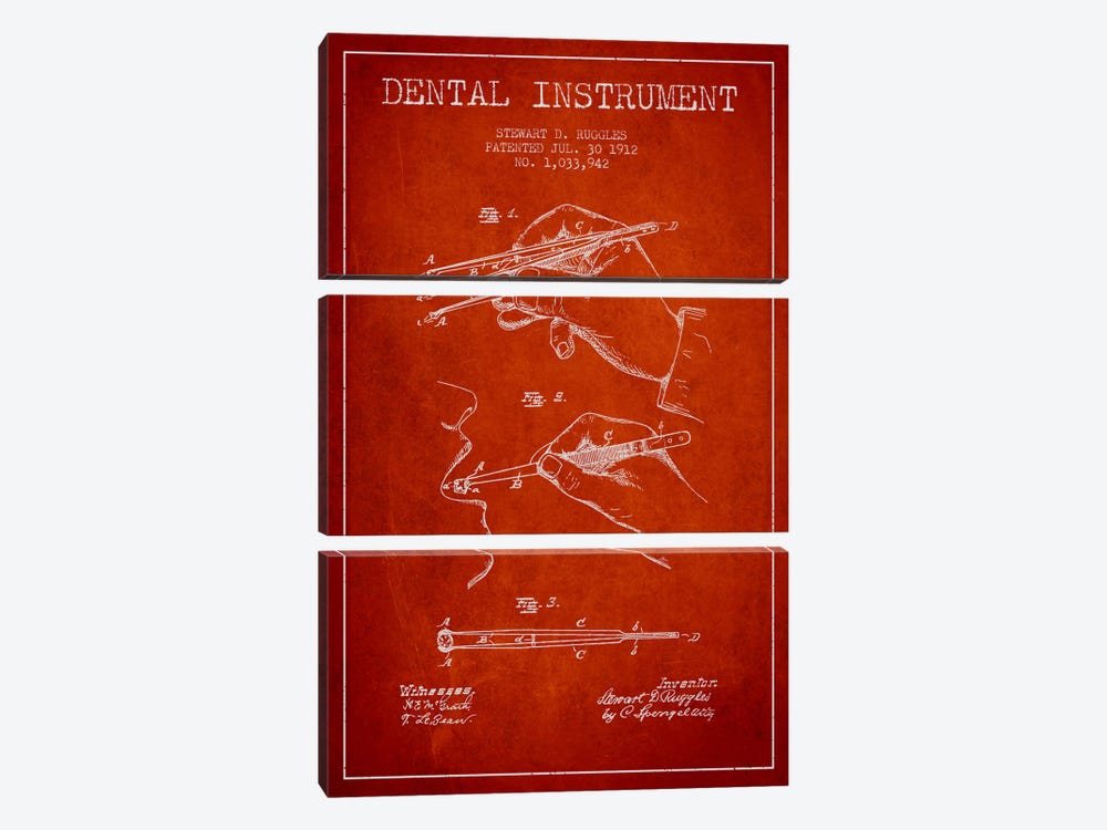 Dental Instrument Red Patent Blueprint by Aged Pixel 3-piece Canvas Print