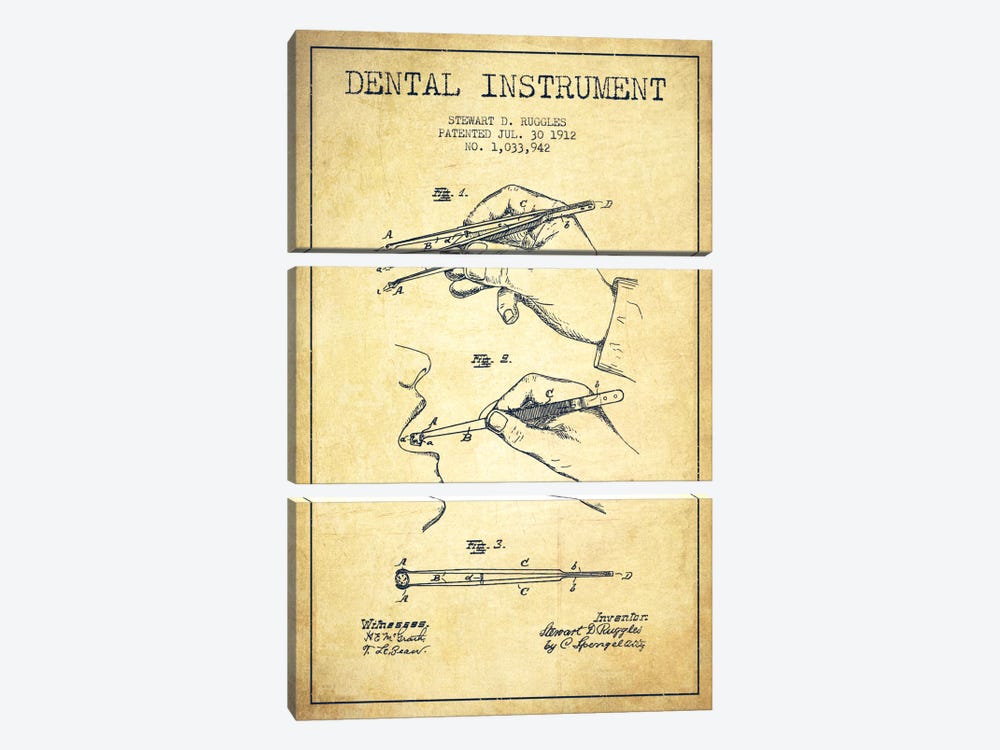 Dental Instrument Vintage Patent Blueprint by Aged Pixel 3-piece Canvas Wall Art