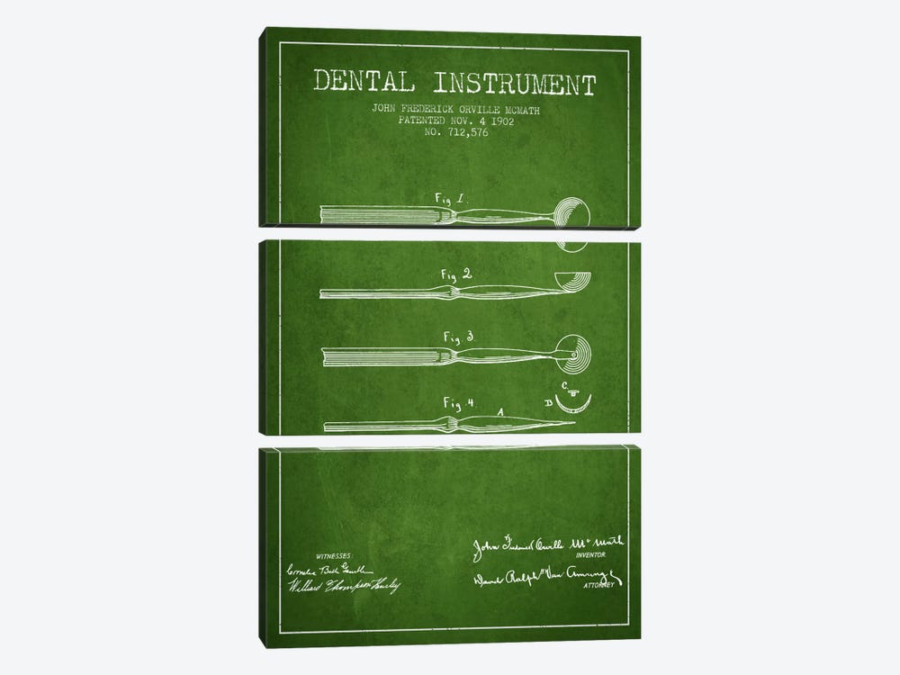 Dental Instrument Green Patent Blueprint by Aged Pixel 3-piece Canvas Art