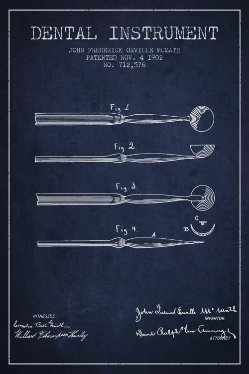 Dental Instrument Navy Blue Patent Blueprint by Aged Pixel wall art