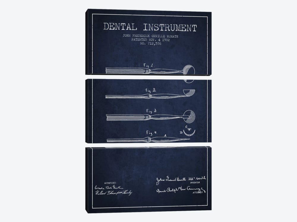 Dental Instrument Navy Blue Patent Blueprint by Aged Pixel 3-piece Canvas Print
