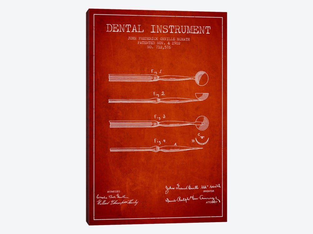 Dental Instrument Red Patent Blueprint by Aged Pixel 1-piece Canvas Wall Art