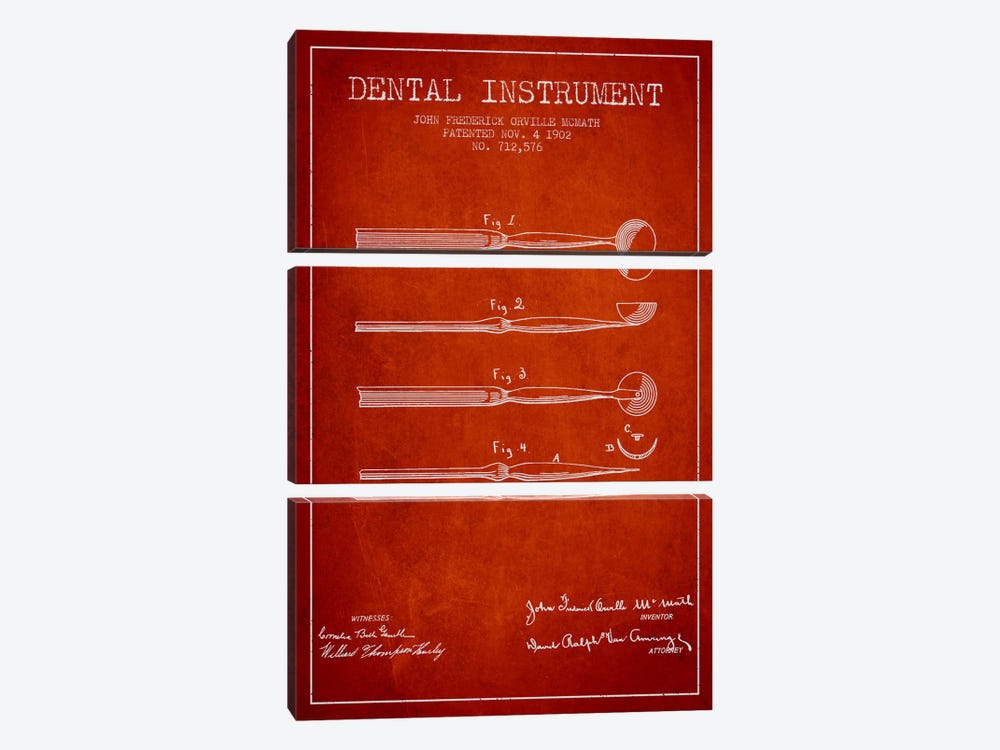 Dental Instrument Red Patent Blueprint by Aged Pixel 3-piece Canvas Wall Art