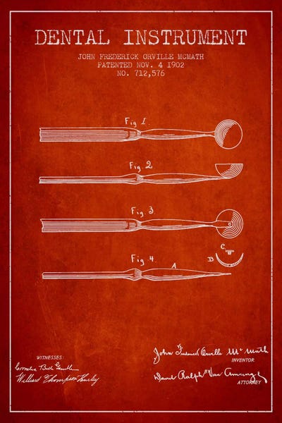 Medical & Dental Blueprints: Dental Instrument Red Patent Blueprint by Aged Pixel