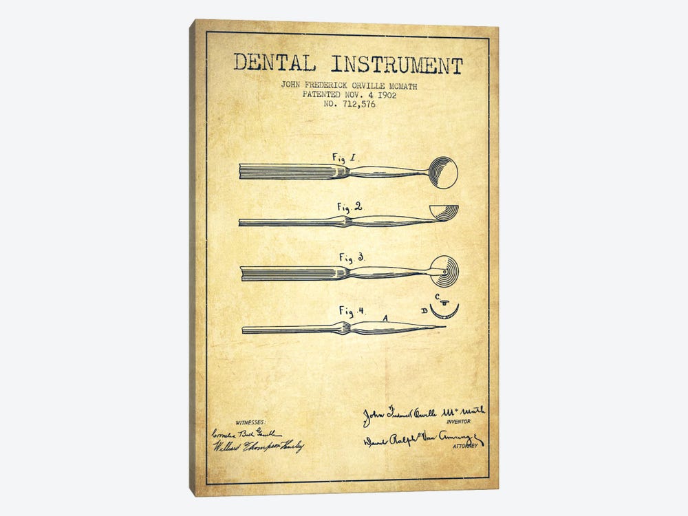 Dental Instrument Vintage Patent Blueprint by Aged Pixel 1-piece Canvas Print