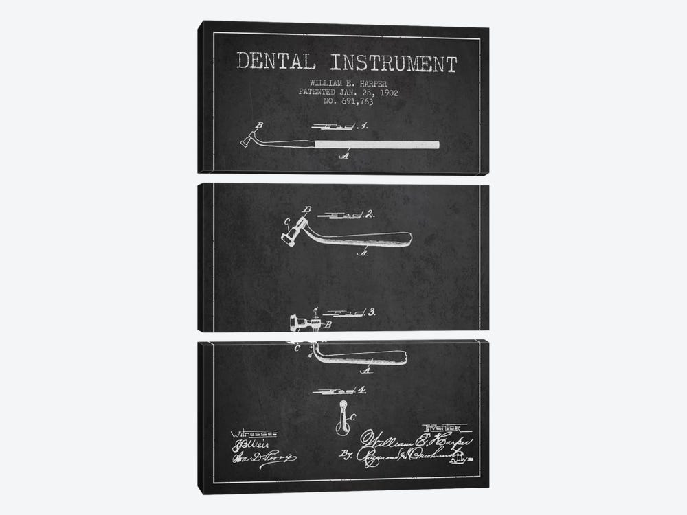 Dental Instrument Charcoal Patent Blueprint by Aged Pixel 3-piece Canvas Wall Art