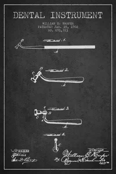 Medical & Dental Blueprints: Dental Instrument Charcoal Patent Blueprint by Aged Pixel