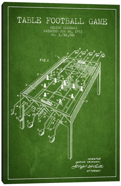 Table Football 2 Green Patent Blueprint Canvas Art Print - Toy & Game Blueprints