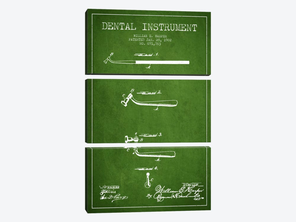Dental Instrument Green Patent Blueprint by Aged Pixel 3-piece Canvas Artwork