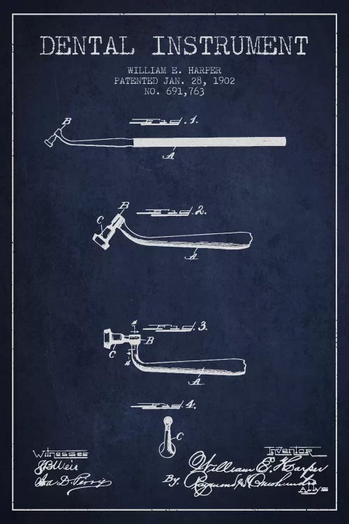 Dental Instrument Navy Blue Patent Blueprint by Aged Pixel wall art