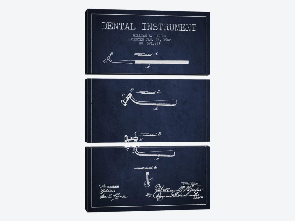 Dental Instrument Navy Blue Patent Blueprint by Aged Pixel 3-piece Canvas Print