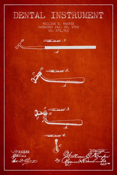 Dental Instrument Red Patent Blueprint by Aged Pixel canvas print