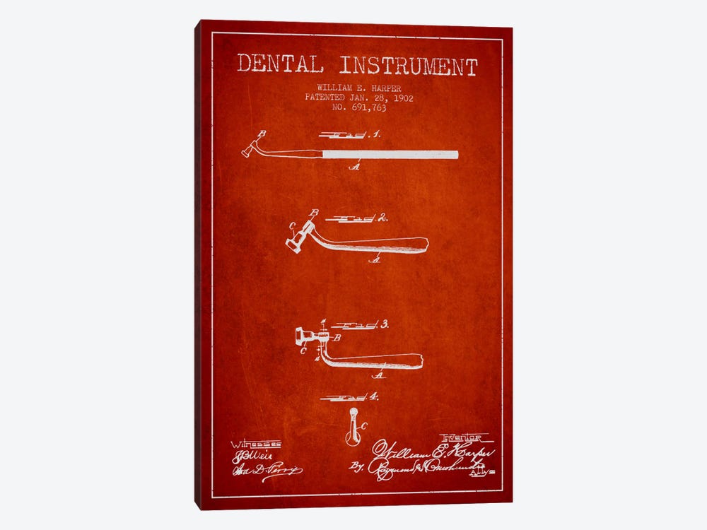 Dental Instrument Red Patent Blueprint by Aged Pixel 1-piece Canvas Wall Art