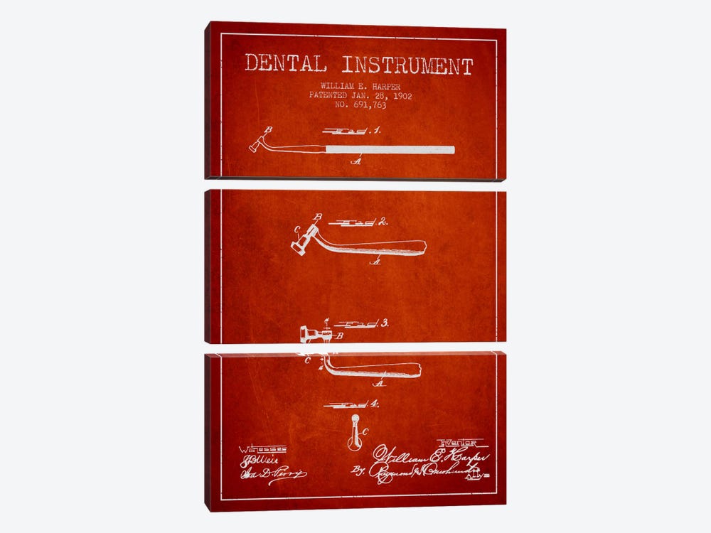 Dental Instrument Red Patent Blueprint by Aged Pixel 3-piece Canvas Art