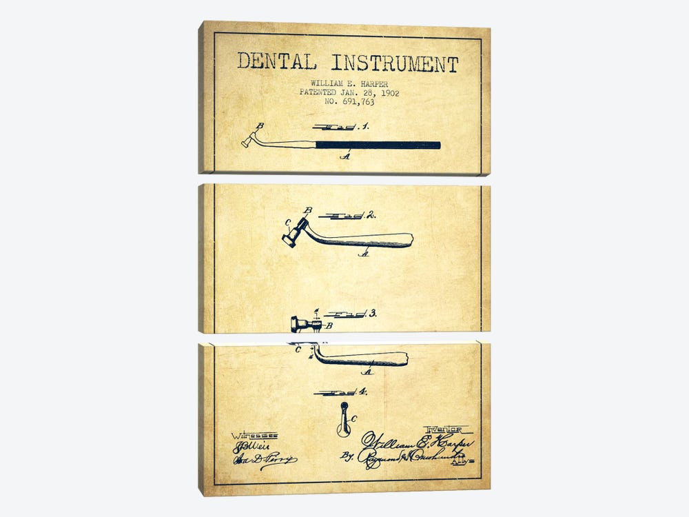 Dental Instrument Vintage Patent Blueprint by Aged Pixel 3-piece Canvas Art Print