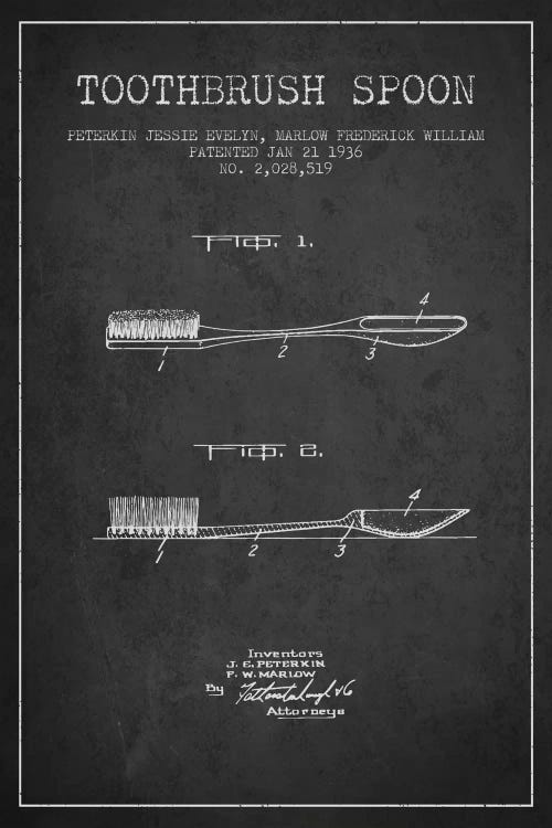 Toothbrush Spoon Charcoal Patent Blueprint by Aged Pixel wall art