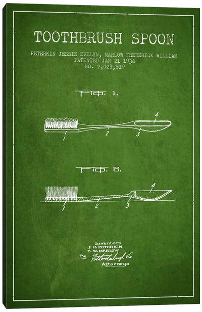 Toothbrush Spoon Green Patent Blueprint Canvas Art Print - Food & Drink Art