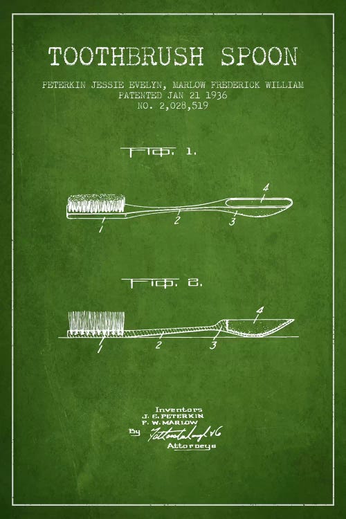 Toothbrush Spoon Green Patent Blueprint by Aged Pixel wall art