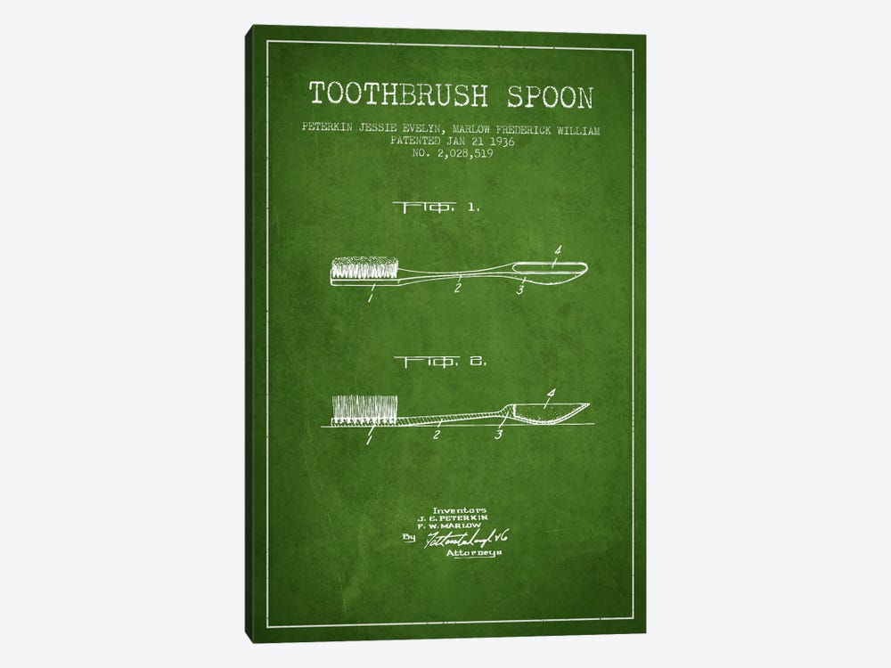 Toothbrush Spoon Green Patent Blueprint by Aged Pixel 1-piece Canvas Art