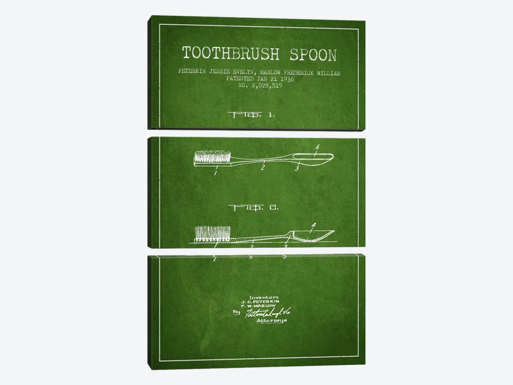 Toothbrush Spoon Green Patent Blueprint by Aged Pixel 3-piece Canvas Art
