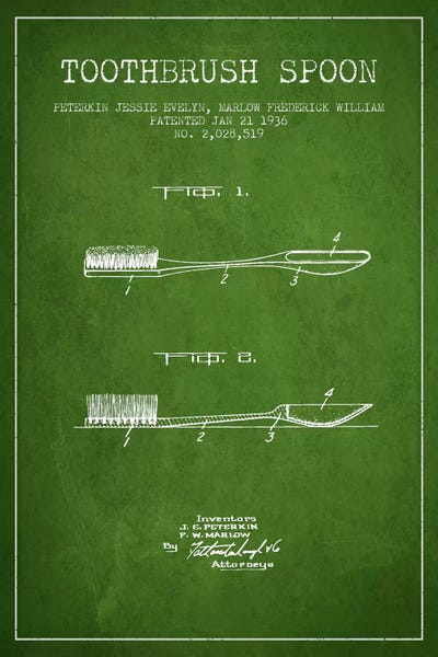 Medical & Dental Blueprints: Toothbrush Spoon Green Patent Blueprint by Aged Pixel