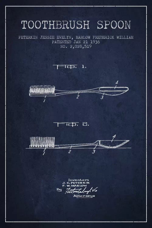 Toothbrush Spoon Navy Blue Patent Blueprint by Aged Pixel wall art