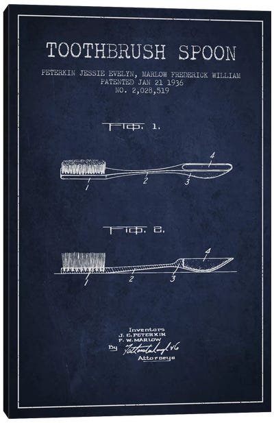 Toothbrush Spoon Navy Blue Patent Blueprint Canvas Art Print - Household Goods Blueprints