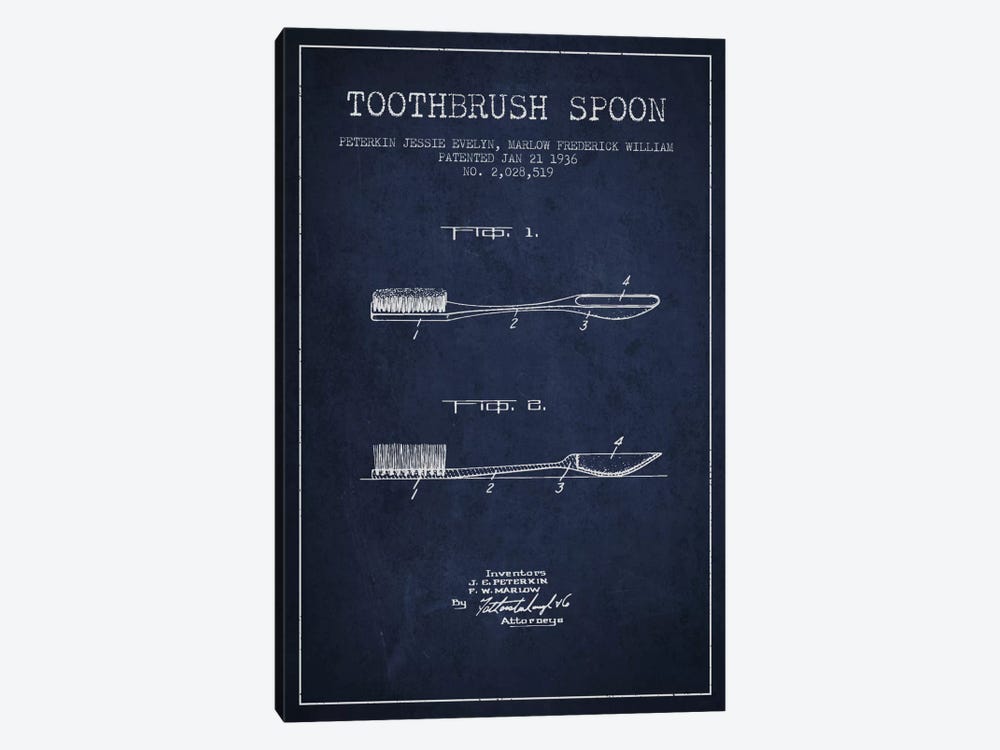 Toothbrush Spoon Navy Blue Patent Blueprint by Aged Pixel 1-piece Art Print