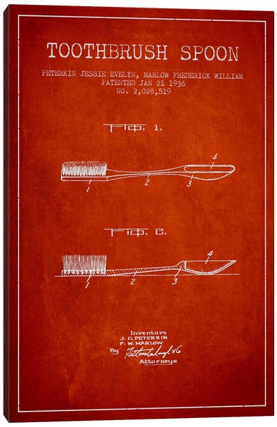 Toothbrush Spoon Red Patent Blueprint Canvas Art Print - Aged Pixel: Medical & Dental