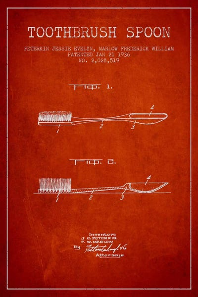 Medical & Dental Blueprints: Toothbrush Spoon Red Patent Blueprint by Aged Pixel