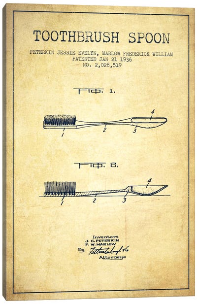 Toothbrush Spoon Vintage Patent Blueprint Canvas Art Print - Kitchen Equipment & Utensil Art