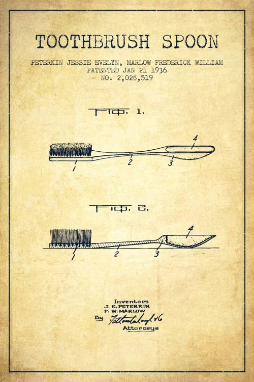 Toothbrush Spoon Vintage Patent Blueprint by Aged Pixel wall art