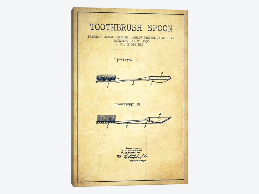 Toothbrush Spoon Vintage Patent Blueprint by Aged Pixel 1-piece Canvas Art Print