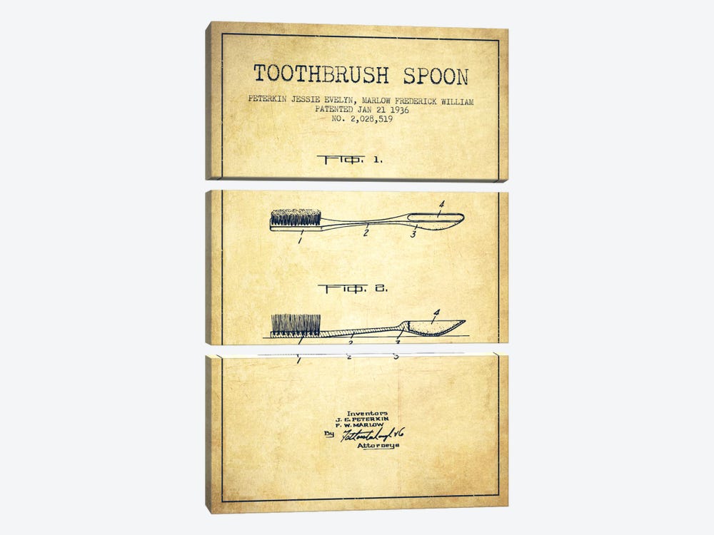 Toothbrush Spoon Vintage Patent Blueprint by Aged Pixel 3-piece Canvas Art Print