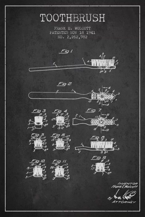 Toothbrush Charcoal Patent Blueprint by Aged Pixel wall art