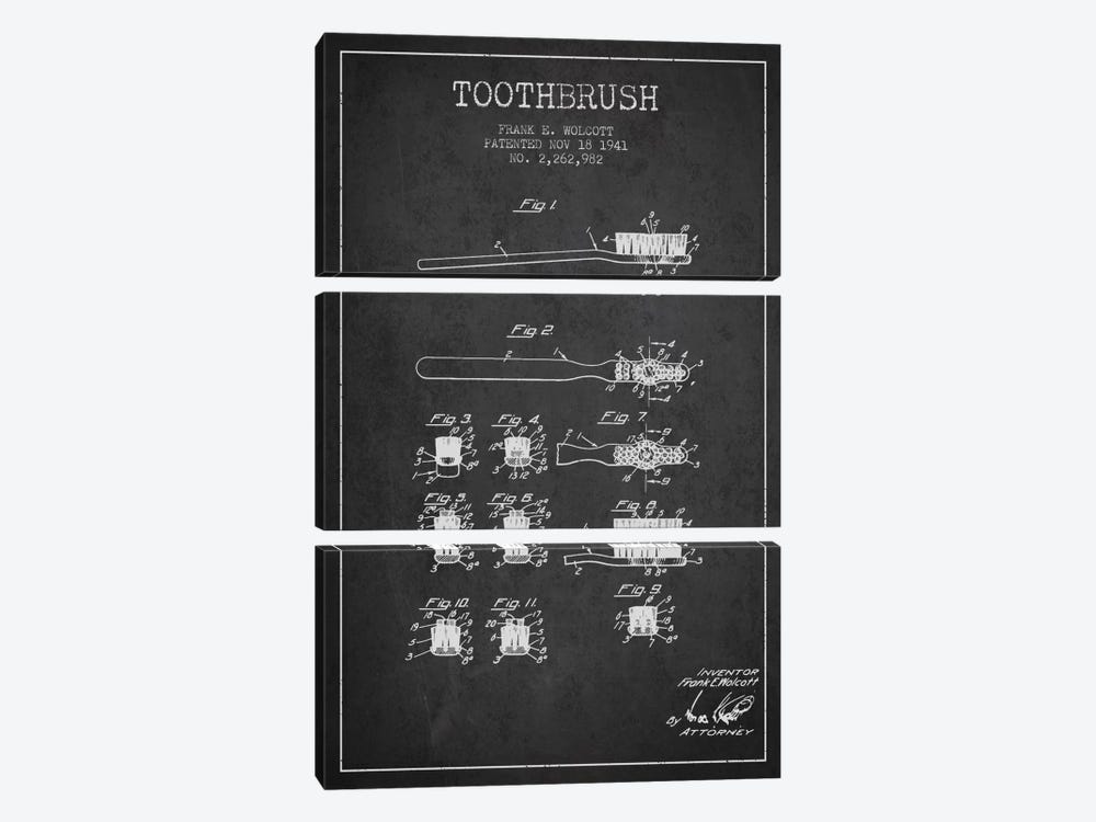 Toothbrush Charcoal Patent Blueprint by Aged Pixel 3-piece Canvas Wall Art