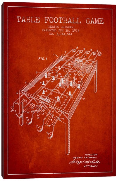 Table Football 2 Red Patent Blueprint Canvas Art Print - Toy & Game Blueprints