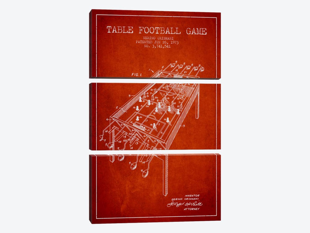 Table Football 2 Red Patent Blueprint by Aged Pixel 3-piece Canvas Art Print