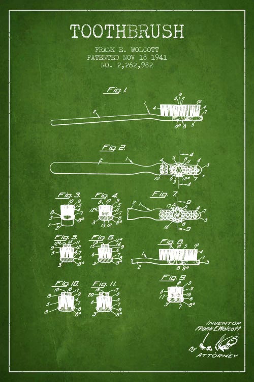 Toothbrush Green Patent Blueprint by Aged Pixel wall art
