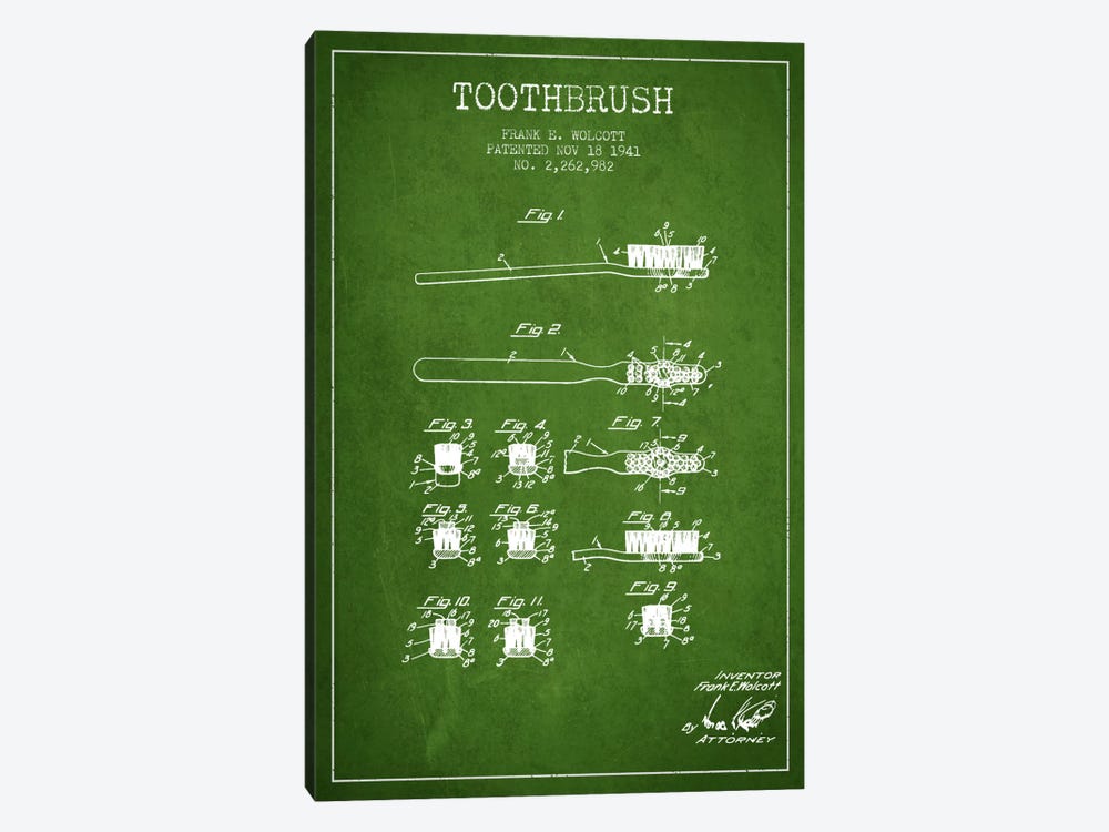 Toothbrush Green Patent Blueprint by Aged Pixel 1-piece Canvas Art