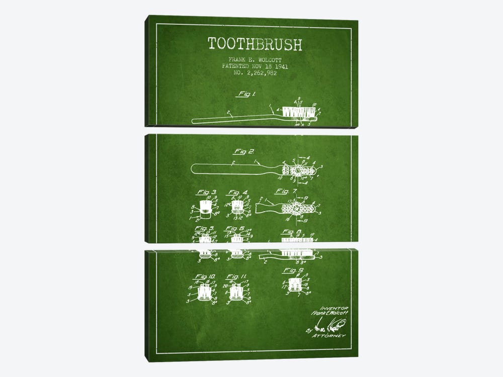 Toothbrush Green Patent Blueprint by Aged Pixel 3-piece Canvas Art