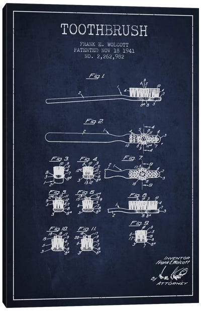 Toothbrush Navy Blue Patent Blueprint Canvas Art Print - Medical & Dental Blueprints